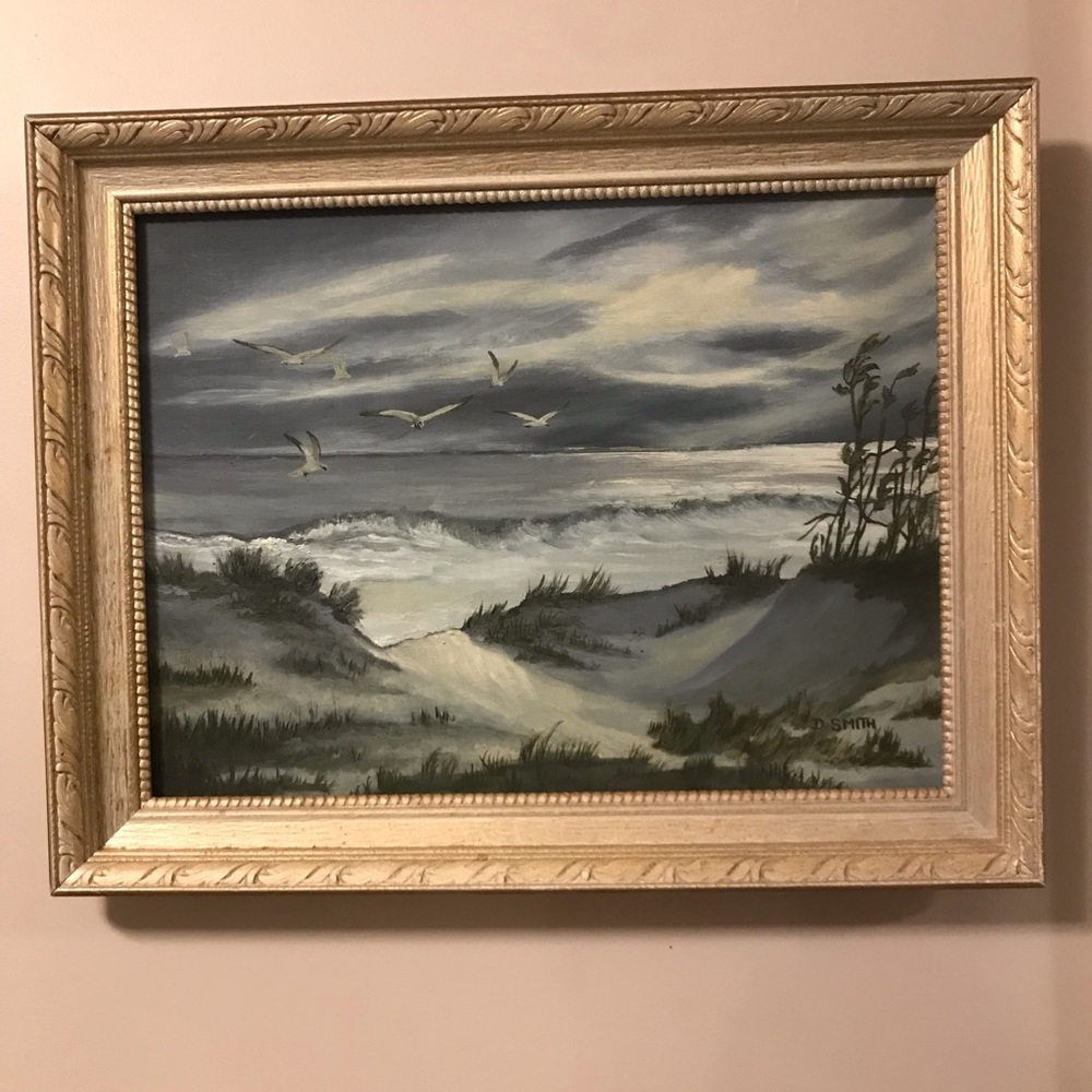 Vintage Oil Painting D.SMITH Ocean Side Shore Beach Nautical MCM ornate frame - Picture 4 of 10